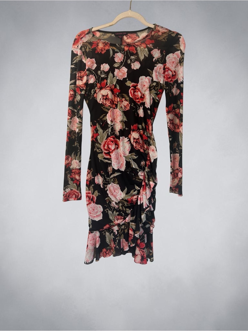 Floral Ruched Long-Sleeve Midi Dress - Pink on Black size M